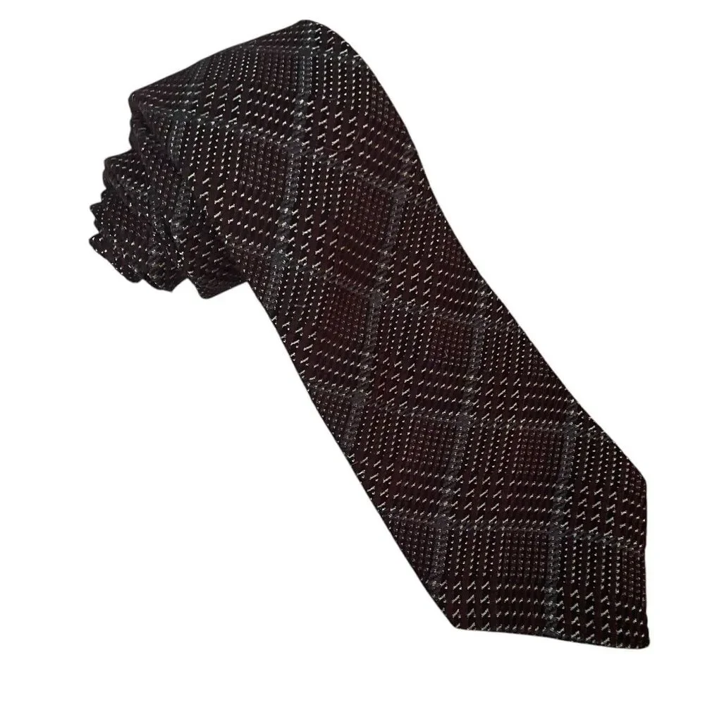 John Varvatos Star USA Men's Tie Maroon Plaid Wool/Silk 3.25
